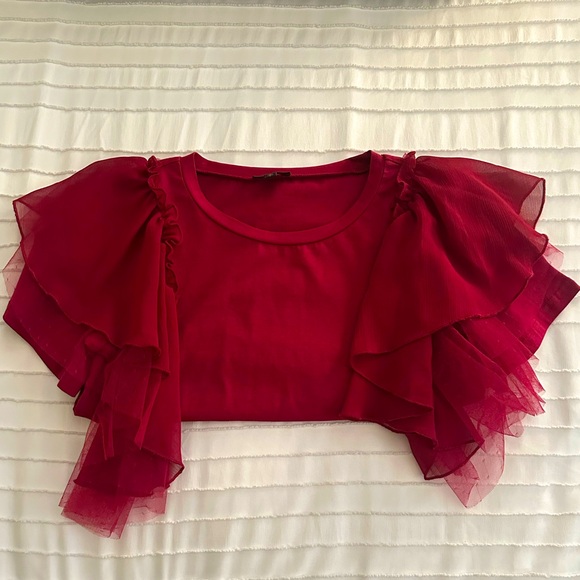 H&M Tops - 🍒SOLD🍒•burgundy tulle t-shirt•